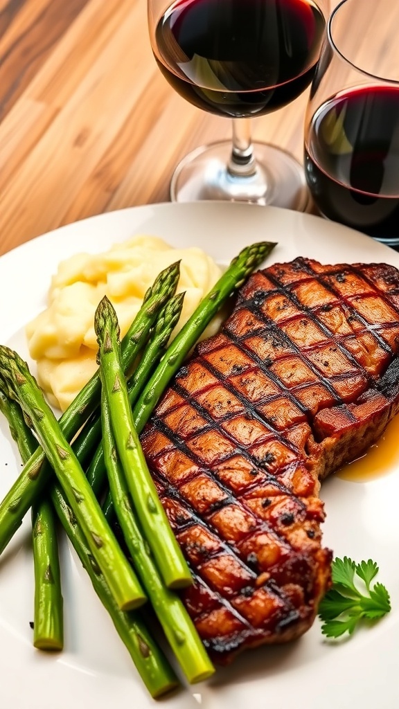 A delicious steak dinner for two with ribeye steak, asparagus, and mashed potatoes on a plate with wine.